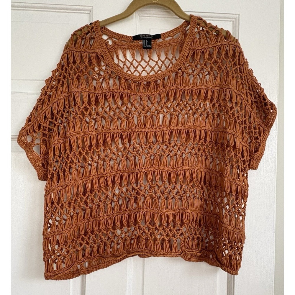 Forever 21 Contemporary Brown Open Knit Crochet Boho Macrame Top Small